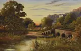 A village river scene with stone bridge at sunset by W. Haines, oil on canvas, offered Apr 2026
