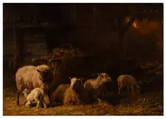 Sheep resting in a barn by Eugène Verboeckhoven, oil on panel, sold Jul 2026