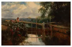 Fishing by a canal lock in the English countryside by George Cole, oil on canvas, sold Jul 2026