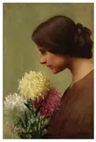 Young woman holding a bouquet of chrysanthemums by Károly Hollós Holczer, oil on canvas, sold Jul 2026