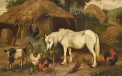 Chickens in a yard with a horse and a goat by Edgar Hunt, Oil on canvas, offered Jun 2026