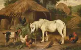 Chickens in a yard with a horse and a goat by Edgar Hunt, Oil on canvas, offered Jun 2026