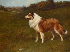 A collie standing in a landscape with a country house beyond by Maud Earl, Oil on canvas, offered Apr 2026