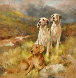 An irish setter and two english setters in a highland setting by Arthur Wardle, Oil on millboard, offered Apr 2026
