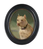 Portrait of a bull terrier by Ride Montmarin, Oil on canvas, oval, offered Apr 2026