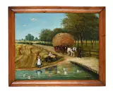 Haycart and children by a duck pond by J. Farris, Oil on canvas, offered Apr 2026