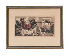 Cockerel in a landscape by Michael Rothenstein, Print, offered Apr 2026