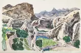 Figures on a path in a mountainous landscape by Julian Trevelyan, Watercolour and pencil, offered Mar 2026
