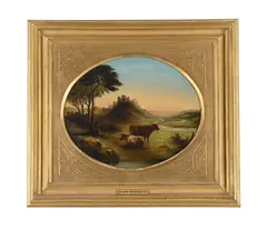 Cattle and cowherd at sunset by Henry Brittan Willis, Oil on board, oval, offered Mar 2026