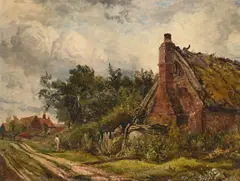 Figures on a country lane outside a house by Frederick William Watts, Oil on card laid to board, offered Feb 2026