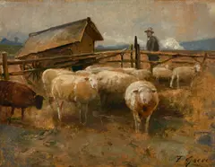 Shepherd with his flock by Fritz Grebe, Oil on card laid to board, offered Feb 2026