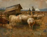 Shepherd with his flock by Fritz Grebe, Oil on card laid to board, offered Feb 2026