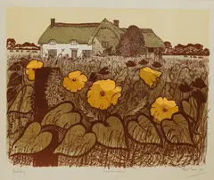 Poppies and Farmhouse by Robert Tavener, pencil, sold Jun 2026