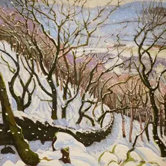 Snow Trees and Sky by Peter Winstanley, oil on board, sold Jun 2026