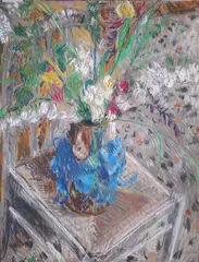 Studio still life with blue beard by Simon Foxall, pastel on paper, sold Jun 2026