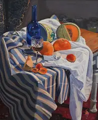 Still Life, Orange on Blue by Peter Winstanley, 2005, oil, sold Jun 2026