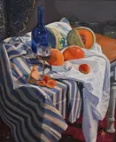 Still Life, Orange on Blue by Peter Winstanley, 2005, oil, sold Jun 2026
