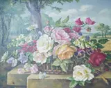 Still life of flowers in a basket before a landscape by Constance Cooper, oil on canvas, sold May 2026