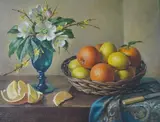 Still life of oranges and flowers by Constance Cooper, oil on canvas, sold May 2026
