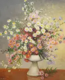 Still life of flowers in a pedestal bowl by Alix Jennings, oil on canvas, sold May 2026