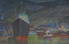 Ship Loading by Pavel Bogdanov, oil on board, sold May 2026