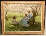 Reading in the orchard by Thomas Frederick Mason Sheard, oil on canvas, sold Apr 2026