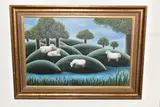 Sheep island by Jerzy Marek, oil on board, sold Apr 2026