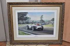 a signed limited edition print depicting Fangio driving a Mercedes by Alan Fearnley - 'fangio', print, sold Mar 2026