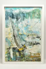 Reflective motion by Gill Storr, mixed media on canvas, sold Mar 2026