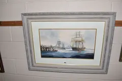Sailing ships approaching a harbour by Ken Hammond, oil on board, sold Jan 2026