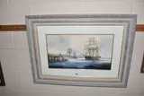 Sailing ships approaching a harbour by Ken Hammond, oil on board, sold Jan 2026