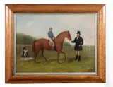 A painting of a race horse with jockey up, owner and groom by G. Morris, 1847, oil, sold Mar 2026