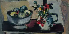 Still Life of Vase of Flowers with a Bowl of Fruit Signed J by Jacob Bornfriend, Oil on canvas, sold Dec 2025