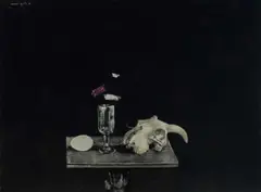 Black Still Life with Ram's Skull Signed and dated Michael Ayrton 59 by Michael Ayrton, Oil on board, sold Dec 2025