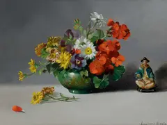 Still life with flowers in a bowl and a porcelain figure by Laurence Biddle, Oil on board, sold Dec 2025