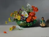 Still life with flowers in a bowl and a porcelain figure by Laurence Biddle, Oil on board, sold Dec 2025