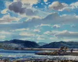 Lake landscape by Stuart Reid, Oil on canvasboard, offered Dec 2025