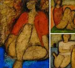 Figure Red & Blue by John Emanuel, 1992, mixed media on card, sold Dec 2025