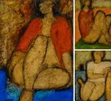 Figure Red & Blue by John Emanuel, 1992, mixed media on card, sold Dec 2025
