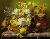 Still Life of Flowers in a Basket Signed with monogram by Gyula Siska, Oil on panel, sold Dec 2025