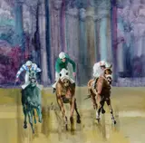 Horse Racing Signed Kinney by Desmond Kinney, oil, sold Dec 2025