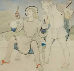 The Falconer and the Jester Signed Averil Burleigh by Averil Burleigh, Watercolour and pencil, sold Dec 2025