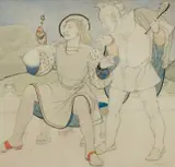The Falconer and the Jester Signed Averil Burleigh by Averil Burleigh, Watercolour and pencil, sold Dec 2025