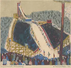 Holmenkolldag by Øistein Thurman, 1952, Tresnitt, sold Oct 2026
