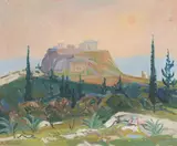 Akropolis i diset morgensol by Ole Mæhle, 1958, Olje på lerret, sold Sep 2026