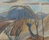 Blek vår, Bykle by Ulrik Hendriksen, 1946, Olje på plate, sold Sep 2026