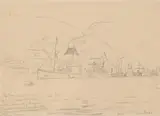 Bergens havn by Hans Dahl, 1890, Blyant på papir, sold Sep 2026