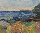 Siv og sjø, Bratteviga by Finn Nielssen, 1944, Olje på plate, sold Sep 2026