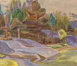 Kvell fra oppå steinryggen nede på stranden by Aage Storstein, 1974, Olje på plate, sold Sep 2026