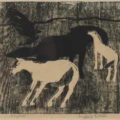 Hester i vind by Ludvig Eikaas, 1943, Tresnitt, sold Sep 2026